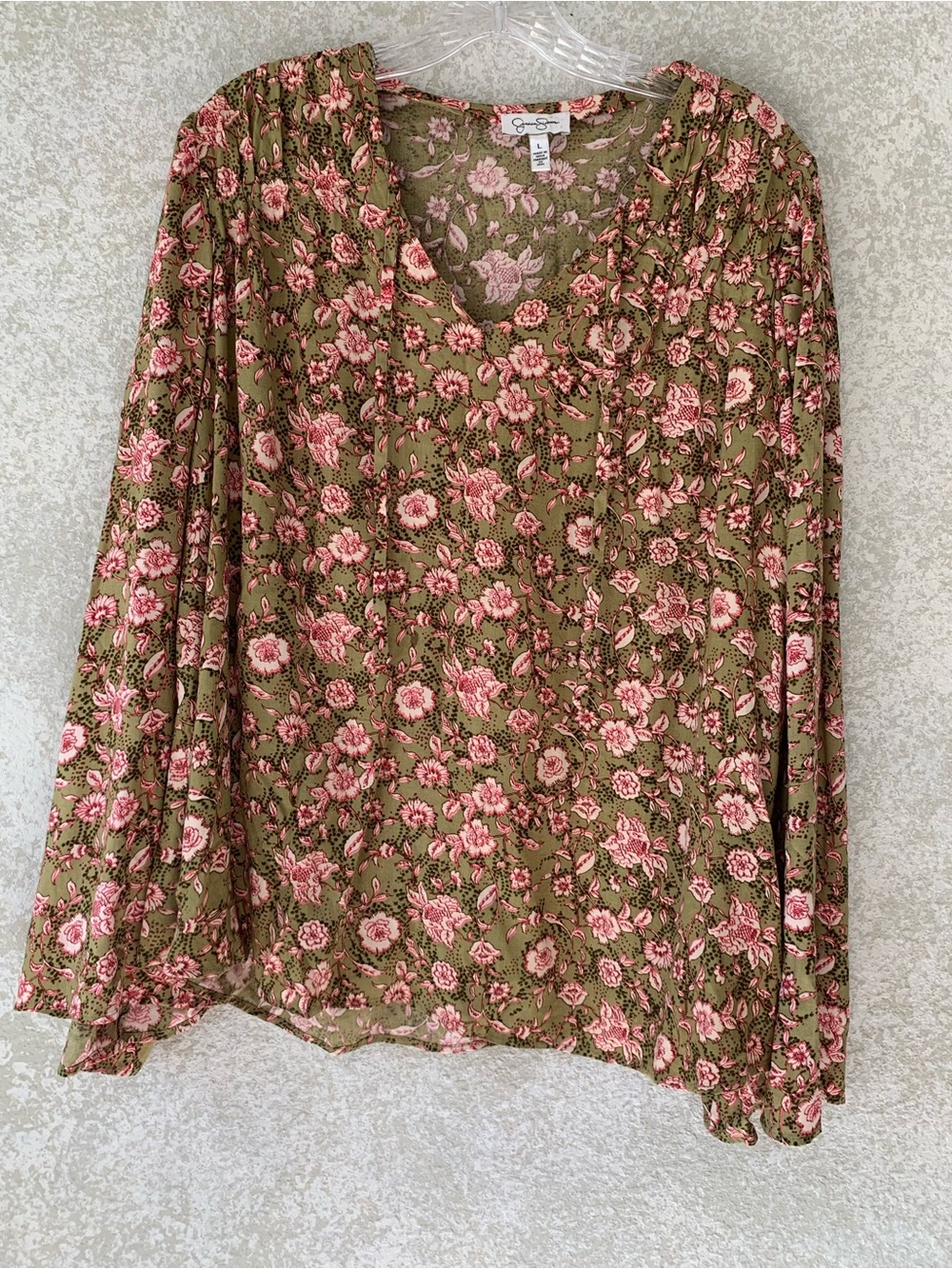 Jessica Simpson Olive Green Floral V-Neck Blouse with Pink Flowers L Fall